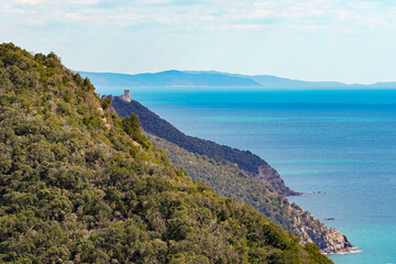 Italy Tuscany , Punta Ala and Castiglione della Pescaia, Path Rio Palma, Mountain Bike MTB E-MTB, Panoramic view of the Maremma coast north, cala Galera tower