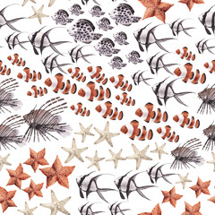 Oceanic seamless pattern with fish on summer background. Template design for textiles, interior, clothes, wallpaper. Watercolot illustration.