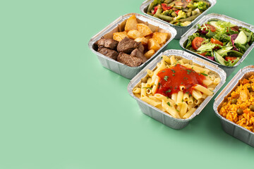 Take away healthy food in foil boxes on green background. Copy space