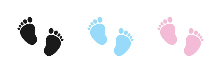 Set of vector illustrations of baby steps - pairs of black, pink and blue footprints in a flat styl