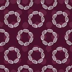 Purple monochrome simple dried fruits dates circles outlines repeat background. Delicious healthy dessert vegan food and snacks pattern.