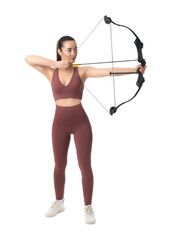 Sporty young woman practicing archery on white background