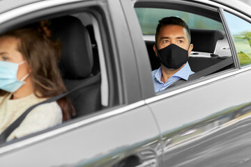 transportation, health and people concept - female driver driving car with male passenger wearing face protective medical mask for protection from virus disease