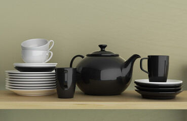 Crockery stands on a wooden shelf on a green wall background. 3d illustration