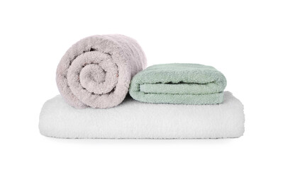 Fototapeta na wymiar Fresh clean towels for bathroom on white background