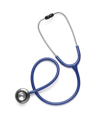 Modern stethoscope on white background, top view
