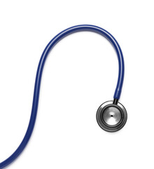 Modern stethoscope on white background, top view
