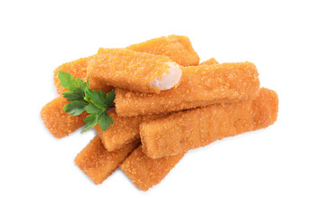 Fresh breaded fish fingers with parsley on white background, top view