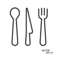 Fork spoon and knife flat icon. Pictogram for web. Line stroke. Isolated on white background. Vector eps10. Cutlery and utensils