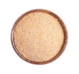 Fresh bread crumbs in wooden bowl isolated on white, top view