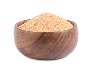 Fresh bread crumbs in wooden bowl isolated on white