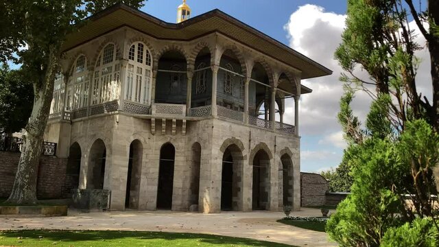 Camera slides to reveal Agalar Mosque at Topkapi Palace in Istanbul 