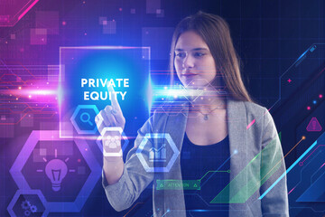 Business, Technology, Internet and network concept. Young businessman working on a virtual screen of the future and sees the inscription: Private equity