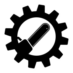 Illustration of chainsaw in gear silhouette, concept of work tools