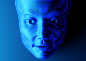 3d illustration rendering, ai artificial intelligence robot humanoid with data internet network, deep learning system technology