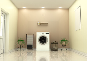 Laundry room with washing machine. 3d illustration