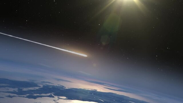 Meteor Asteroid  Entering Earth Atmosphere 
,Realistic vision of Meteorite burning on fire while entering earth blue atmosphere outer space view

