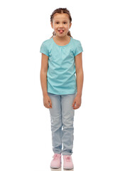 childhood, fashion and people concept - happy smiling little girl showing her tongue over white background