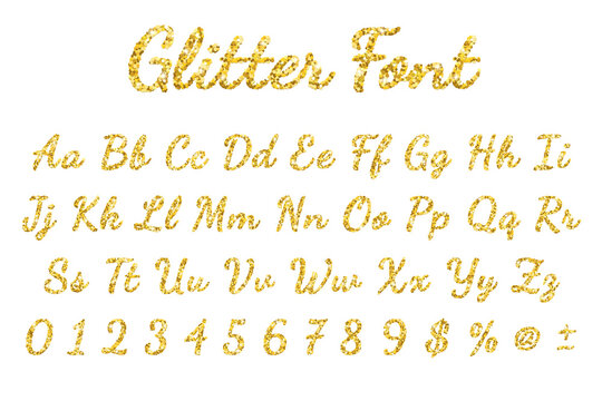 Gold sparkling glitter font in white background. Vector