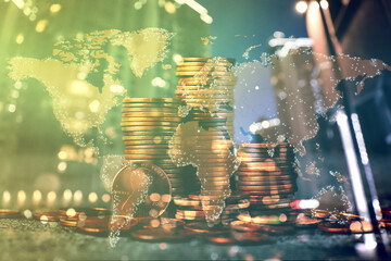 Multiple exposure of coins, world map and cityscape. Online payment concept