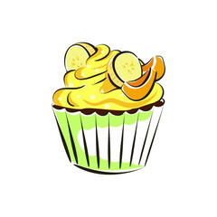 Cupcake, banana yellow cream cake, garnished with banana pieces. Isolated vector illustration, sketch for menus and teahouses.