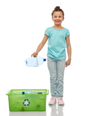 recycling, waste sorting and sustainability concept - smiling girl throwing plastic bottle into box...