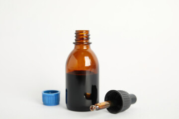 Bottle of medical iodine and dropper on white background