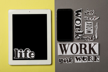 Tablet, smartphone and many paper pieces on color background, flat lay. Life work balance concept