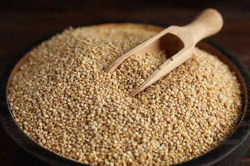 Plate with white quinoa and wooden scoop, closeup