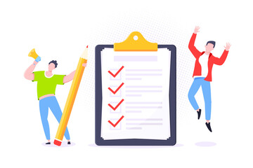 Checklist complete business concept tiny person with megaphone and pencil nearby giant clipboard, task done and check mark ticks flat style design vector illustration isolated white background.