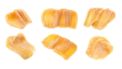 Set with sweet dried jackfruit slices on white background. Banner design