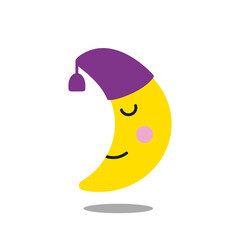 Sleeping yellow moon with purple cap and pink cheek, isolated on white background