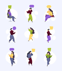 Calling people. Person male and female holding phone talking friends garish communication characters