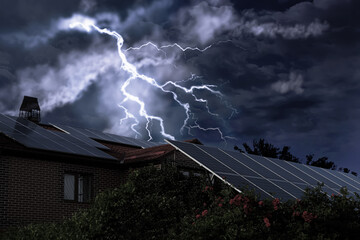 Dark cloudy sky with lightning over house. Stormy weather - Powered by Adobe