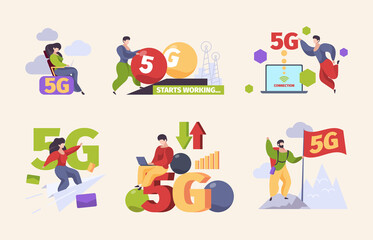 5g characters. Fast mobile internet future technologies high speed network garish vector concept pictures set collection