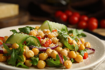 Plate with delicious fresh chickpea salad on table, closeup