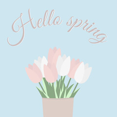 Hello spring poster with tulips.