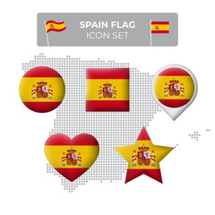 Spain flag icons set in the shape of square, heart, circle, stars and pointer, map marker, spain mosaic map. Spanish flag. Vector symbol, icon, button