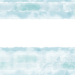 Marine background with hand-drawn waves and blue watercolor elements . Vector illustration with space for text, can be used creating card or invitation card. Abstract art background.