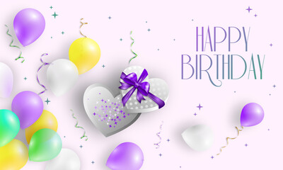 Happy Birthday holiday design for greeting cards. Balloons, confetti and gift box. Template for birthday celebration