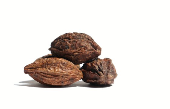 Closeup of Dry Terminalia Chebula or Haritaki Fruit Isolated on White Background with Copy Space, Also Known as Chebulic Myrobalan or Harad