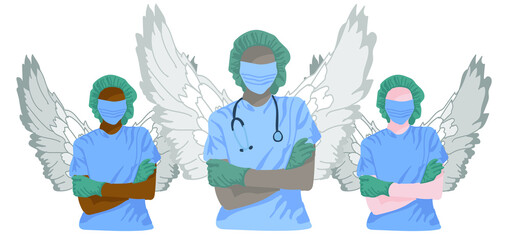 Multinational Doctors as angels protect from pandemic Covid-19 Corona virus. Vector illustration