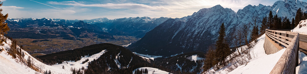 High resolution stitched panorama of a beautiful winter landscape at the famous Rossfeldstrasse near Berchtesgaden, Bavaria, Germany