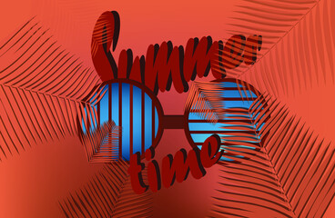 Summer background with palm leaves and sunglasses in retro style.Retro futuristic background 1980s style.  Classic 80s design vector illustration.
Hot summer time