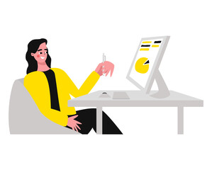 Beautiful young woman working on laptop computer while sitting at the living room in the house. Flat vector concept illustration isolated on white