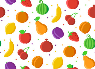 Seamless pattern. Cartoon colorful fruits on white background. Print of colorful fruits. Flat design. For children product.