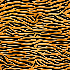 Seamless pattern. Realistic imitation of skin of tiger. Black stripes on orange and yellow background. Animal print.