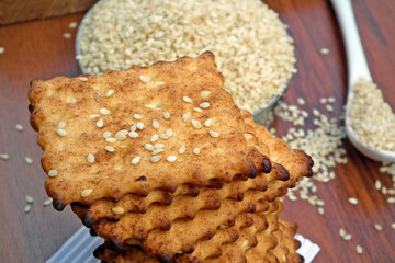 Stack of crackers with sesame seeds