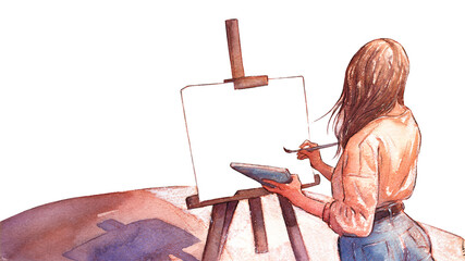 a painter who paints en plein air on a white canvas. isolated illustration