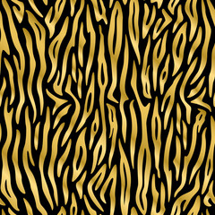 Seamless pattern. Imitation of skin of tiger. Golden stripes on black background. Animal print. Striped gold pattern.